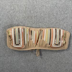 bar III Women's Small Tan Sequin Bandeau Bikini Swim Top Removable Pads Tie